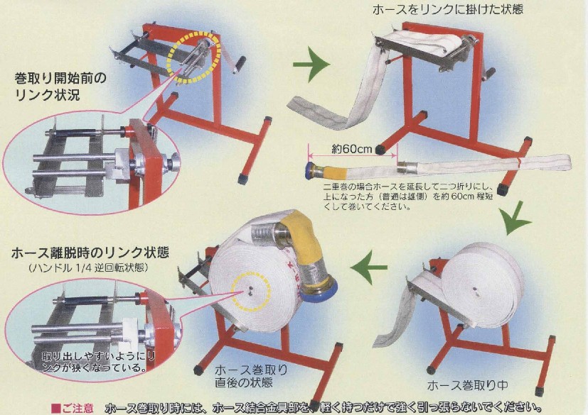 タカギ・消防用「ホース巻取機」ホースを巻く手順と動画